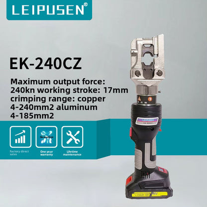 Rechargeable Hydraulic Crimping Tool / Cable Crimper (Model EK-240CZ) — 4mm²–240mm² Range, 6T Pressure, Includes 2 Batteries — Cordless Battery-Powered Crimper