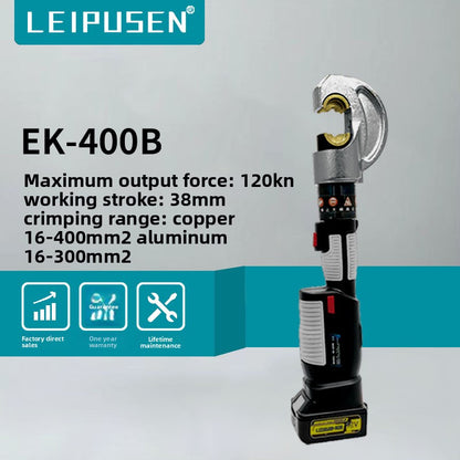 Rechargeable Hydraulic Crimping Tool / Cable Crimper (Model EK-400B) — 16mm²–400mm² Range, 12T Pressure, Includes 2 Batteries — Cordless Battery-Powered Crimper
